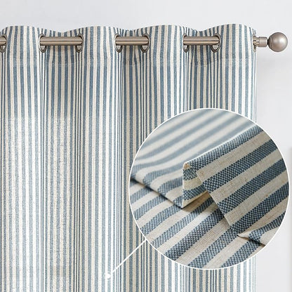 Linen Blend Striped Curtains Blue Pinstripe Print Beige Curtains 84 Inches Long for Living Room Bedroom Grommet Top 2 Panels