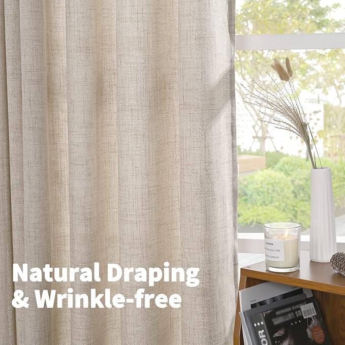 Linen Semi-Sheer Curtains, 2-Pack, 72" Long, for Living Rooms - Light-Filtering Curtains with Rod Pocket and Back Pulls, Country Beige Window Treatments, for Dining Rooms and Bedrooms, 52 X 72"