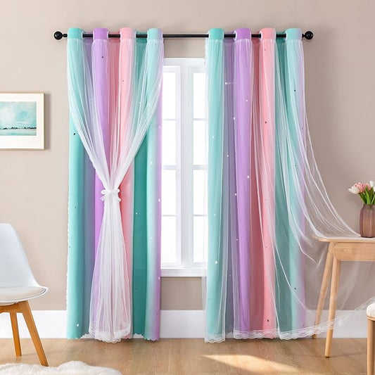 Girls Bedroom Decorative Curtains, Rainbow Blackout Curtains, Kids Room Decor, Purple, Perfect for Little Girls' Rooms, Unicorn Wall Sticker, Pink Curtains, Green, 63 Inches Long, 34 Inches Wide, 1 Piece