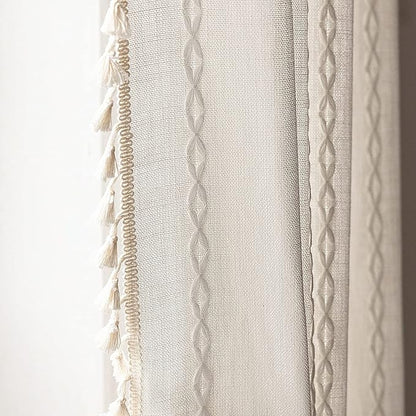 White Bohemian Curtains 84 Inches Long for Bedroom Living Room, Cream Chic Linen Cotton Embroidery Semi-Blackout Bohemian Farmhouse Curtains with Vintage Tassels, 1 Panel 52 Inches Wide x 84 Inches Long