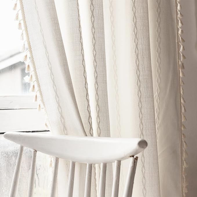 White Bohemian Curtains 84 Inches Long for Bedroom Living Room, Cream Chic Linen Cotton Embroidery Semi-Blackout Bohemian Farmhouse Curtains with Vintage Tassels, 1 Panel 52 Inches Wide x 84 Inches Long