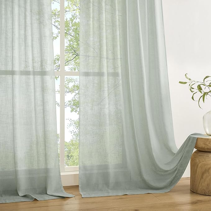 Natural Linen Green Semi-Sheer Curtains 54 Inch Long 2-Piece Set for Bedroom Living Room, Back Trolley Pocket Farmhouse Bohemian Linen Textured Light Filtering Curtains, Sage Green
