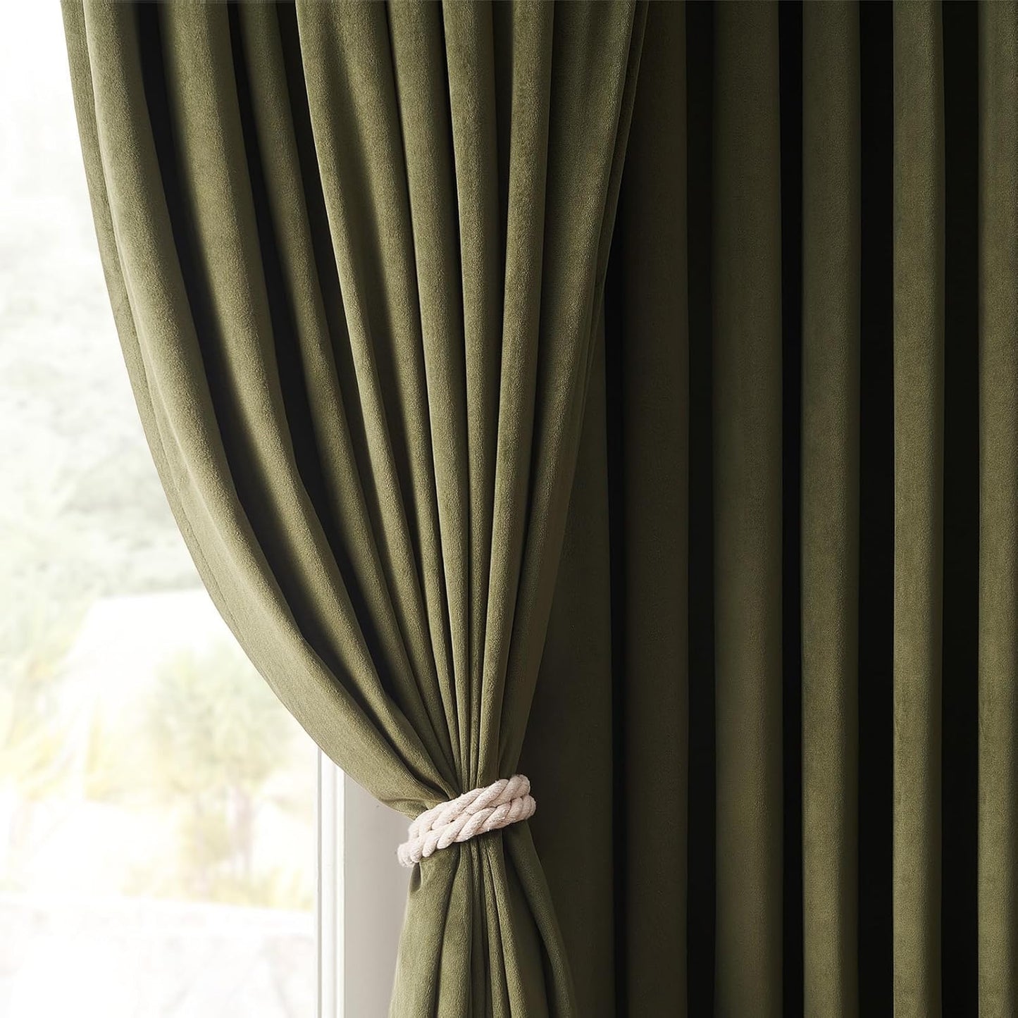 Olive green velvet curtains 84 inches long for living room, blackout thermal insulation curtains for bedroom, rear pull ring modern living room window treatments, 52x84 inches long, olive green