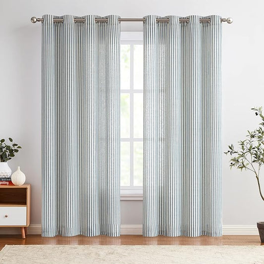 Linen Blend Striped Curtains Blue Pinstripe Print Beige Curtains 84 Inches Long for Living Room Bedroom Grommet Top 2 Panels