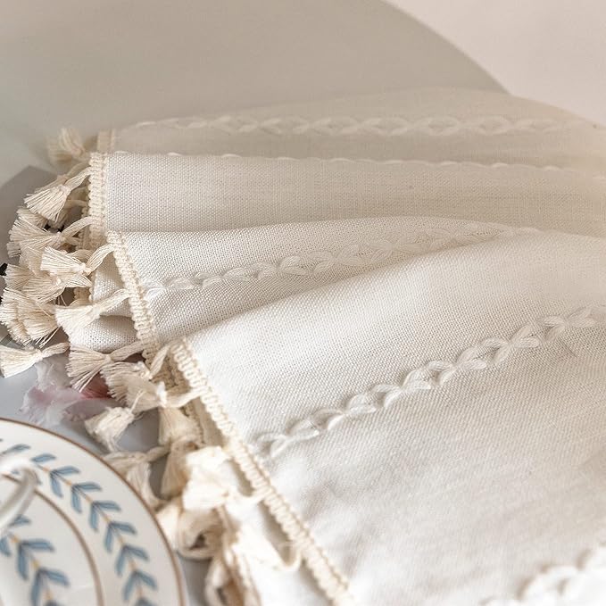 White Bohemian Curtains 84 Inches Long for Bedroom Living Room, Cream Chic Linen Cotton Embroidery Semi-Blackout Bohemian Farmhouse Curtains with Vintage Tassels, 1 Panel 52 Inches Wide x 84 Inches Long