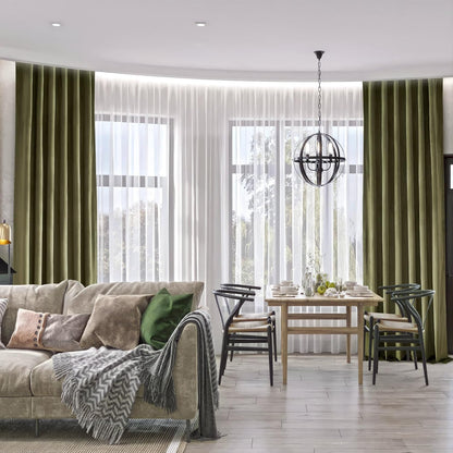 Olive green velvet curtains 84 inches long for living room, blackout thermal insulation curtains for bedroom, rear pull ring modern living room window treatments, 52x84 inches long, olive green