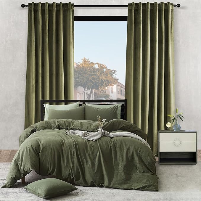Olive green velvet curtains 84 inches long for living room, blackout thermal insulation curtains for bedroom, rear pull ring modern living room window treatments, 52x84 inches long, olive green
