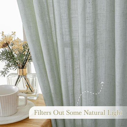 Natural Linen Green Semi-Sheer Curtains 54 Inch Long 2-Piece Set for Bedroom Living Room, Back Trolley Pocket Farmhouse Bohemian Linen Textured Light Filtering Curtains, Sage Green