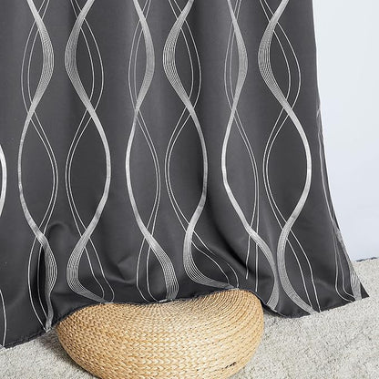 Gray Blackout Curtains for Bedroom/Living Room, 84" Long, 2-Pack, Noise Reducing Insulation Wavy Line Foil Print Curtains for Patio Sliding Glass Doors (52 x 84)