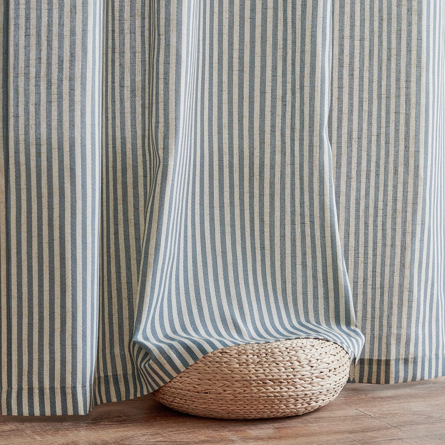 Linen Blend Striped Curtains Blue Pinstripe Print Beige Curtains 84 Inches Long for Living Room Bedroom Grommet Top 2 Panels