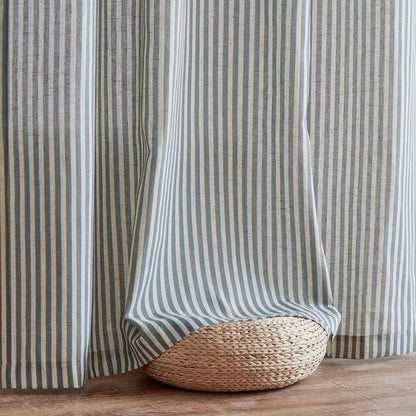 Linen Blend Striped Curtains Blue Pinstripe Print Beige Curtains 84 Inches Long for Living Room Bedroom Grommet Top 2 Panels