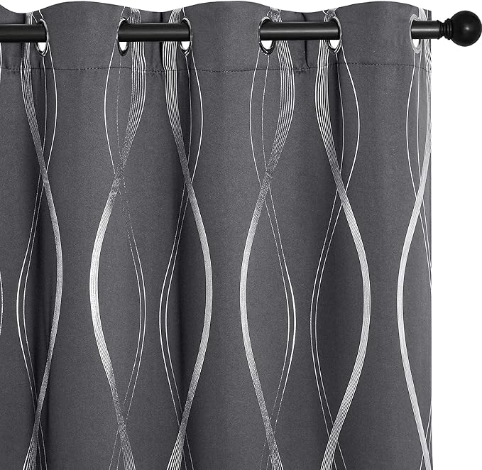 Gray Blackout Curtains for Bedroom/Living Room, 84" Long, 2-Pack, Noise Reducing Insulation Wavy Line Foil Print Curtains for Patio Sliding Glass Doors (52 x 84)