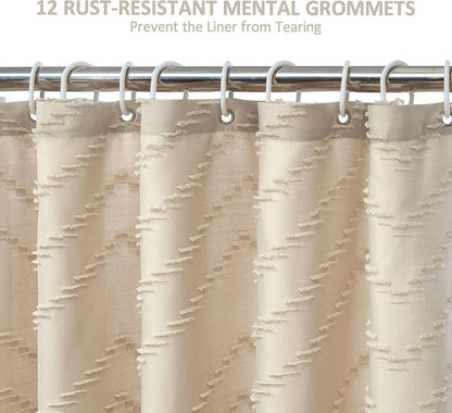 Boho Farmhouse Shower Curtain Woven Fabric Cute Beige Shower Curtain, 72 x 72 Tufted Chevron Textured Striped Modern Farmhouse Minimalist for Bathroom