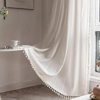 White Bohemian Curtains 84 Inches Long for Bedroom Living Room, Cream Chic Linen Cotton Embroidery Semi-Blackout Bohemian Farmhouse Curtains with Vintage Tassels, 1 Panel 52 Inches Wide x 84 Inches Long