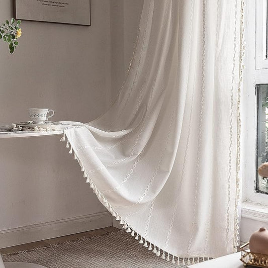 White Bohemian Curtains 84 Inches Long for Bedroom Living Room, Cream Chic Linen Cotton Embroidery Semi-Blackout Bohemian Farmhouse Curtains with Vintage Tassels, 1 Panel 52 Inches Wide x 84 Inches Long