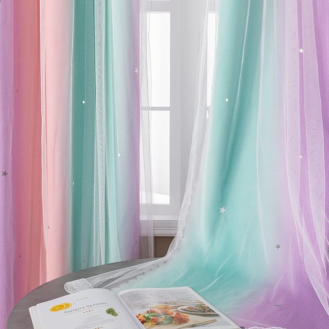 Girls Bedroom Decorative Curtains, Rainbow Blackout Curtains, Kids Room Decor, Purple, Perfect for Little Girls' Rooms, Unicorn Wall Sticker, Pink Curtains, Green, 63 Inches Long, 34 Inches Wide, 1 Piece