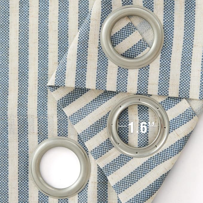 Linen Blend Striped Curtains Blue Pinstripe Print Beige Curtains 84 Inches Long for Living Room Bedroom Grommet Top 2 Panels